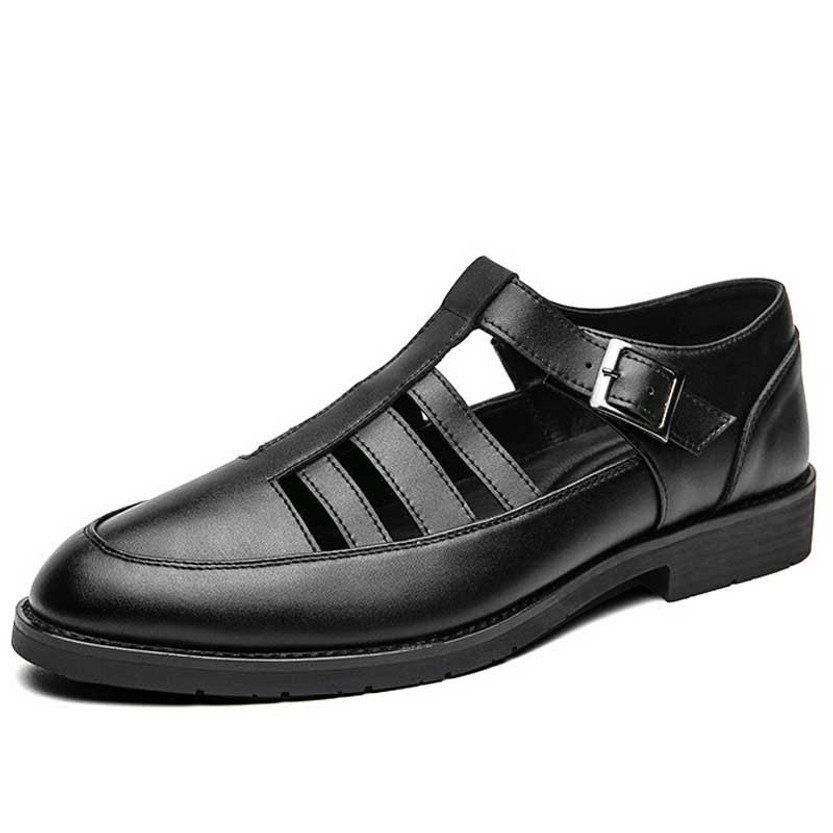 Men's black cut out buckle strap slip on dress shoe 01