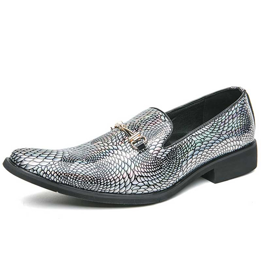 Men's black discolour pattern metal buckle slip on dress shoe 01