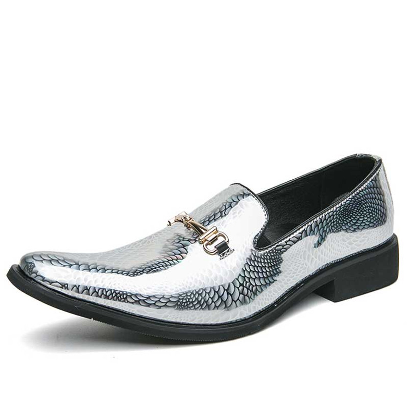 Men's silver discolour pattern metal buckle slip on dress shoe 01