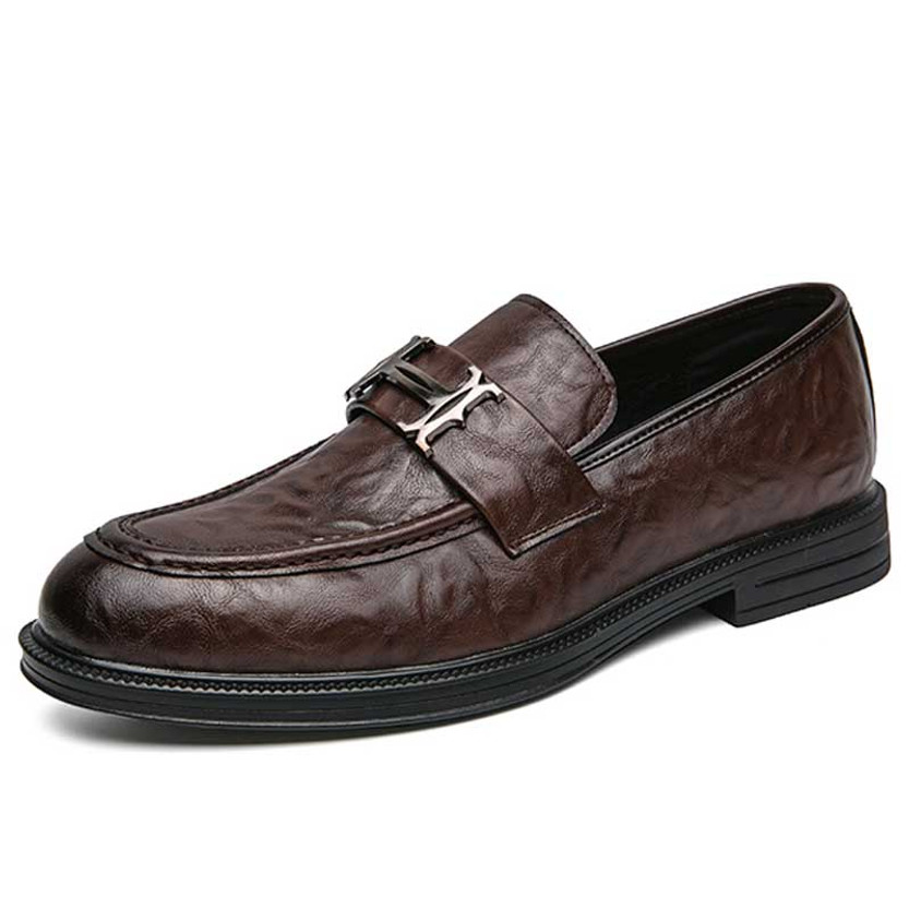 Men's brown metal buckle penny slip on dress shoe 01