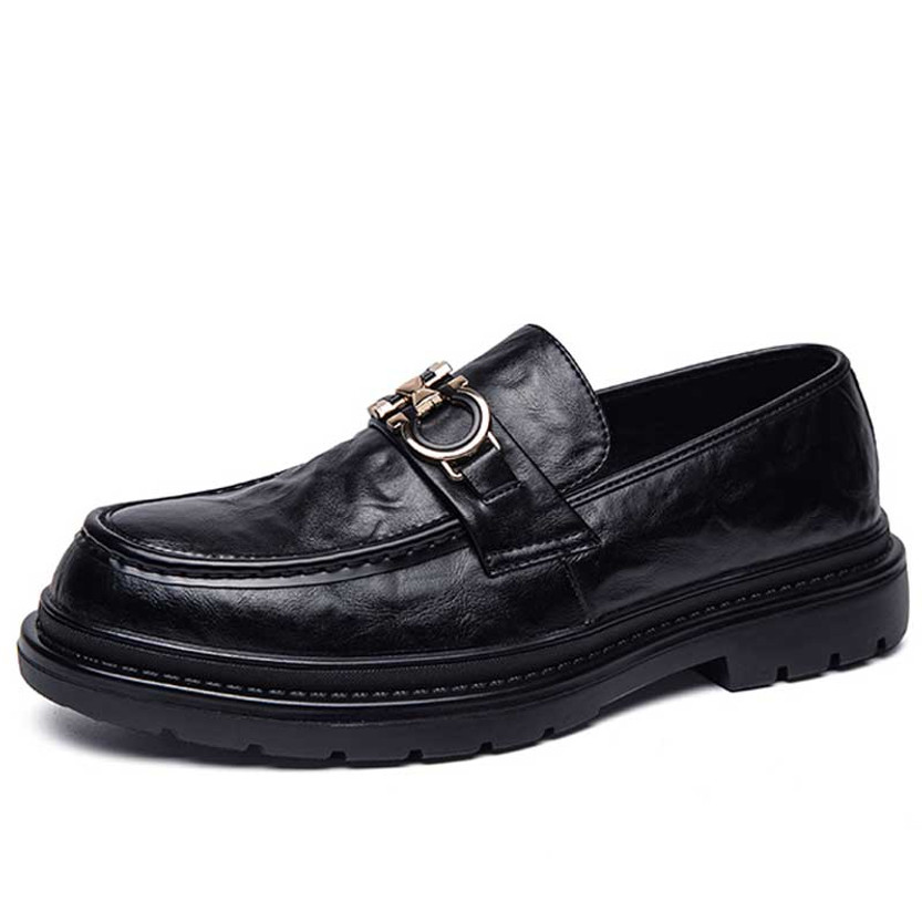 Men's black metal buckle penny slip on dress shoe 01