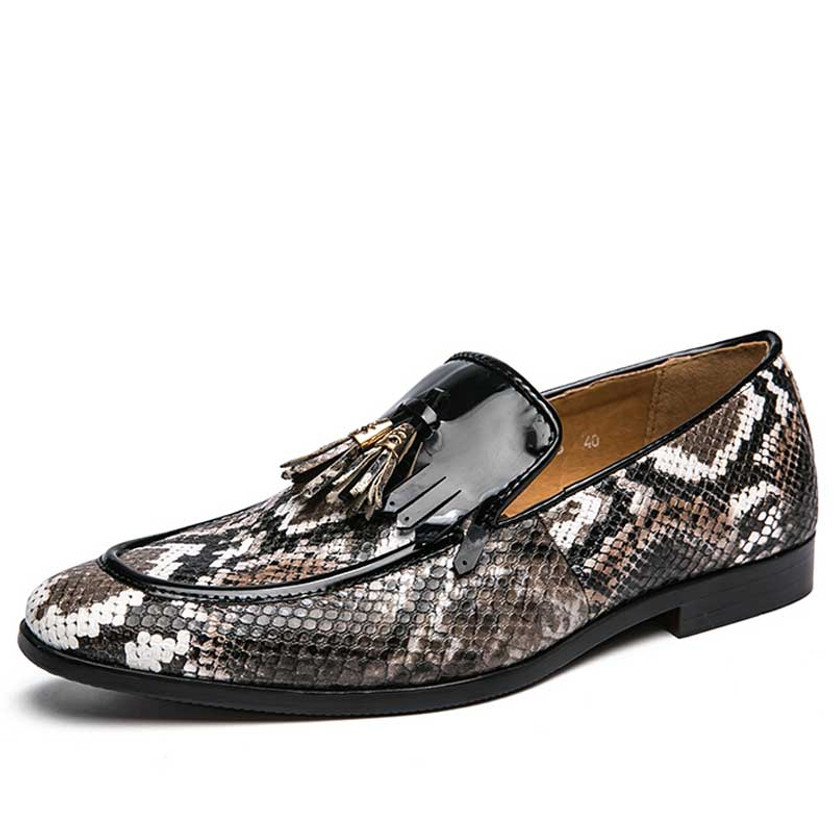 Men's brown tassel snake skin pattern slip on dress shoe 01