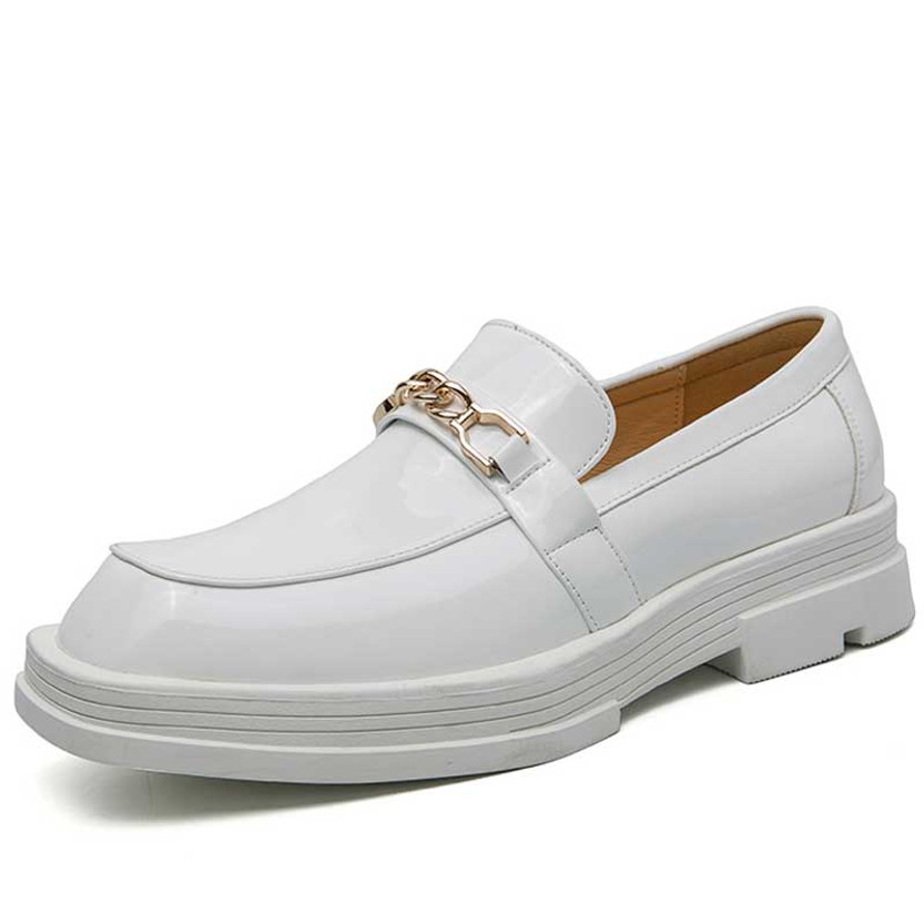 Men's white trim chain buckle penny slip on dress shoe 01