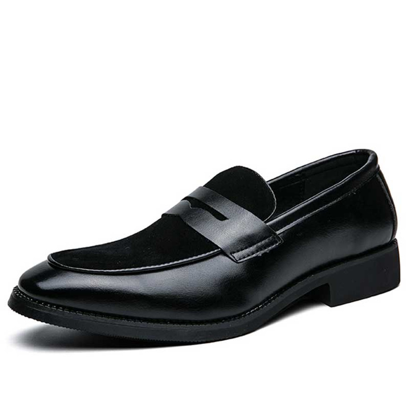 Men's black suede penny strap slip on dress shoe 01