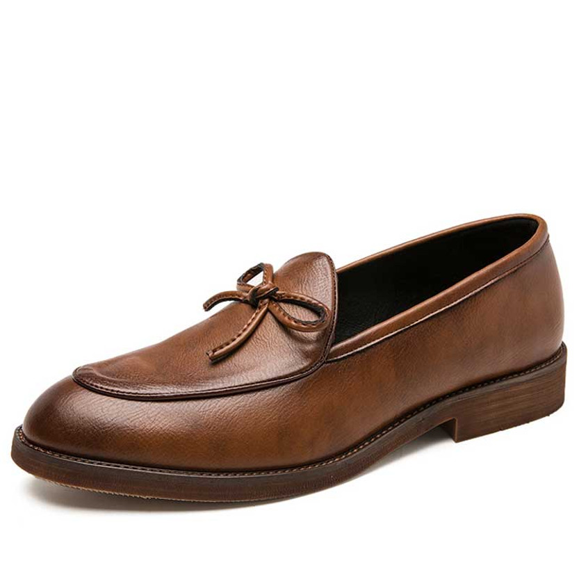 Men's brown bow lace on top slip on dress shoe 01