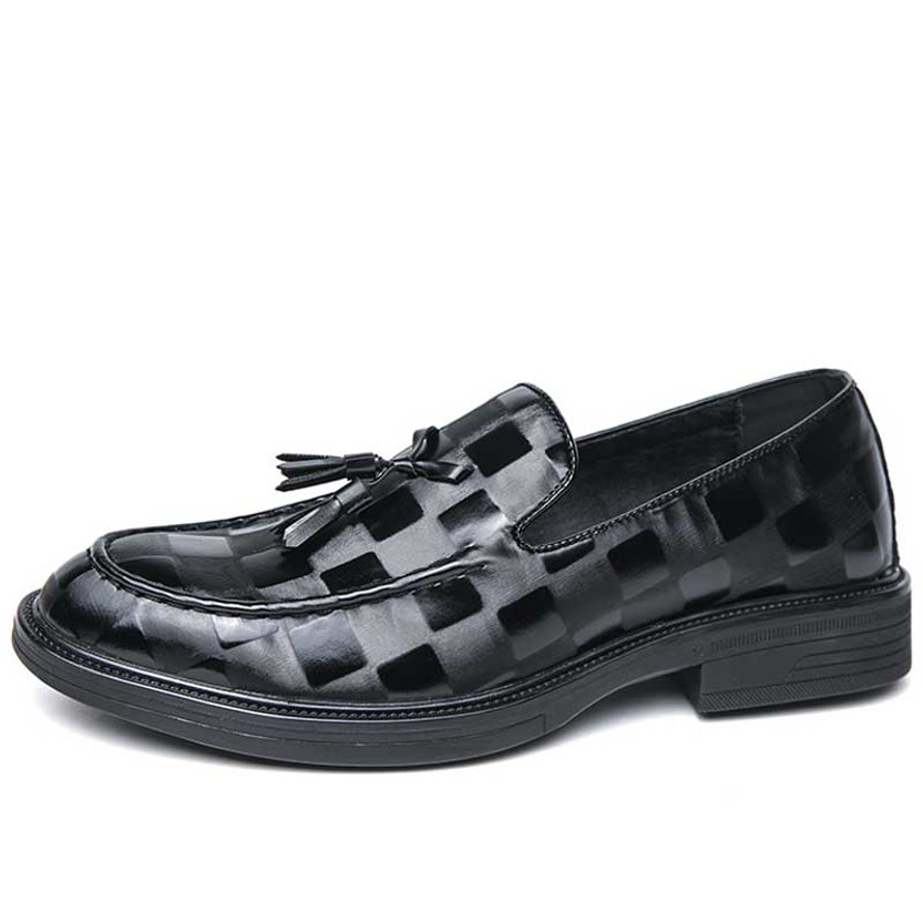 Men's black retro check pattern tassel slip on dress shoe 01