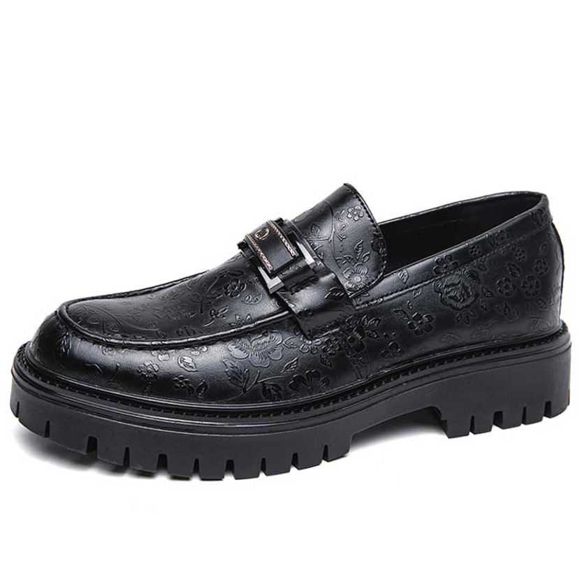 Men's black metal buckle floral pattern penny slip on dress shoe 01