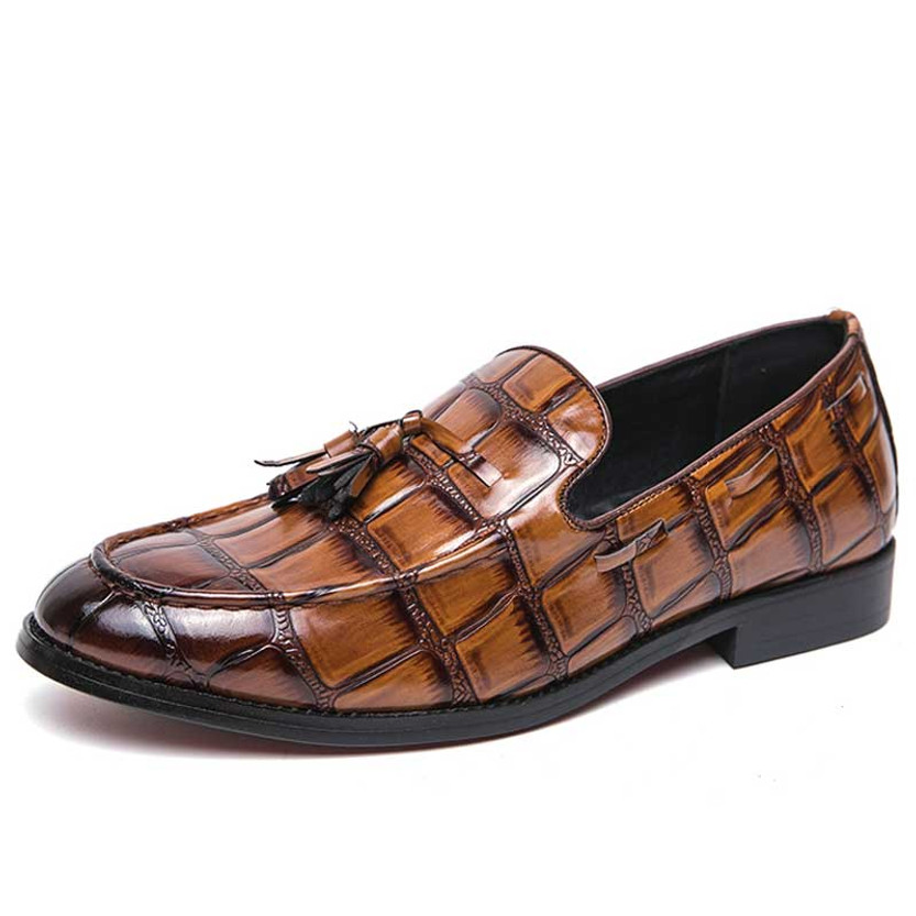 Men's brown retro croc skin pattern tassel slip on dress shoe 01