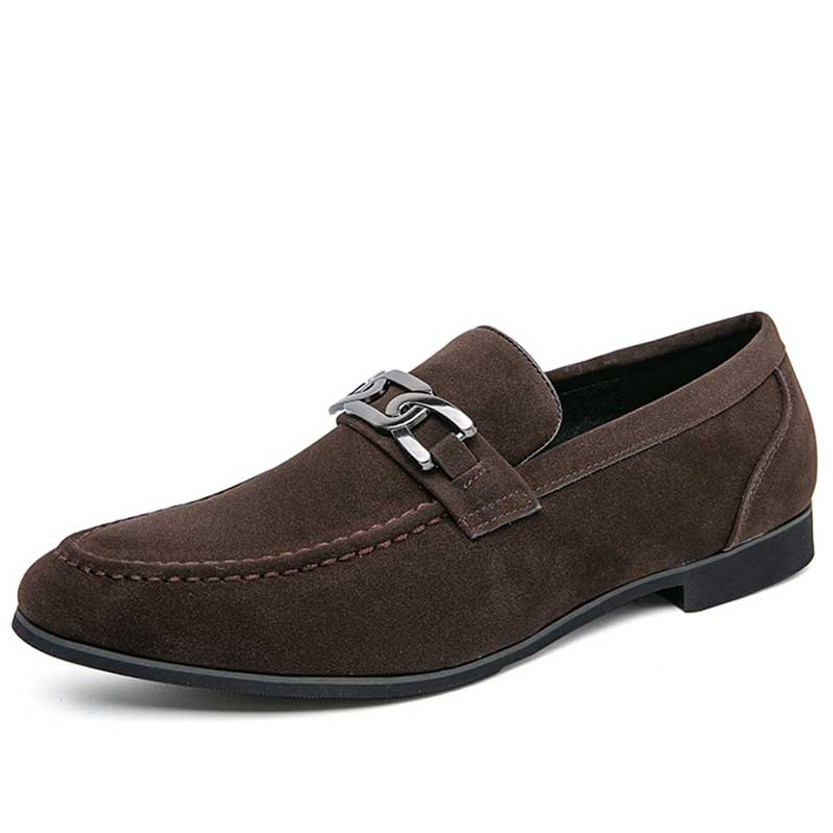 Men's brown metal buckle sewn accents penny slip on dress shoe 01