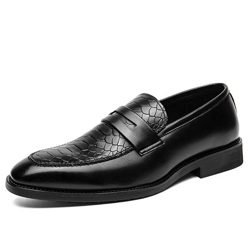 Men's black snake skin pattern penny slip on dress shoe 01