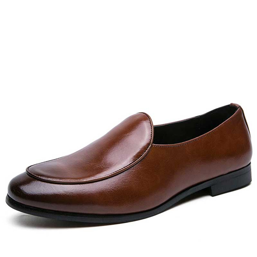 Men's brown plain retro curve toe slip on dress shoe 01