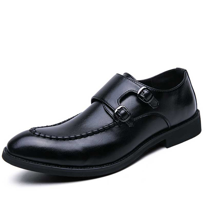 Men's black sewn accents monk strap slip on dress shoe 01