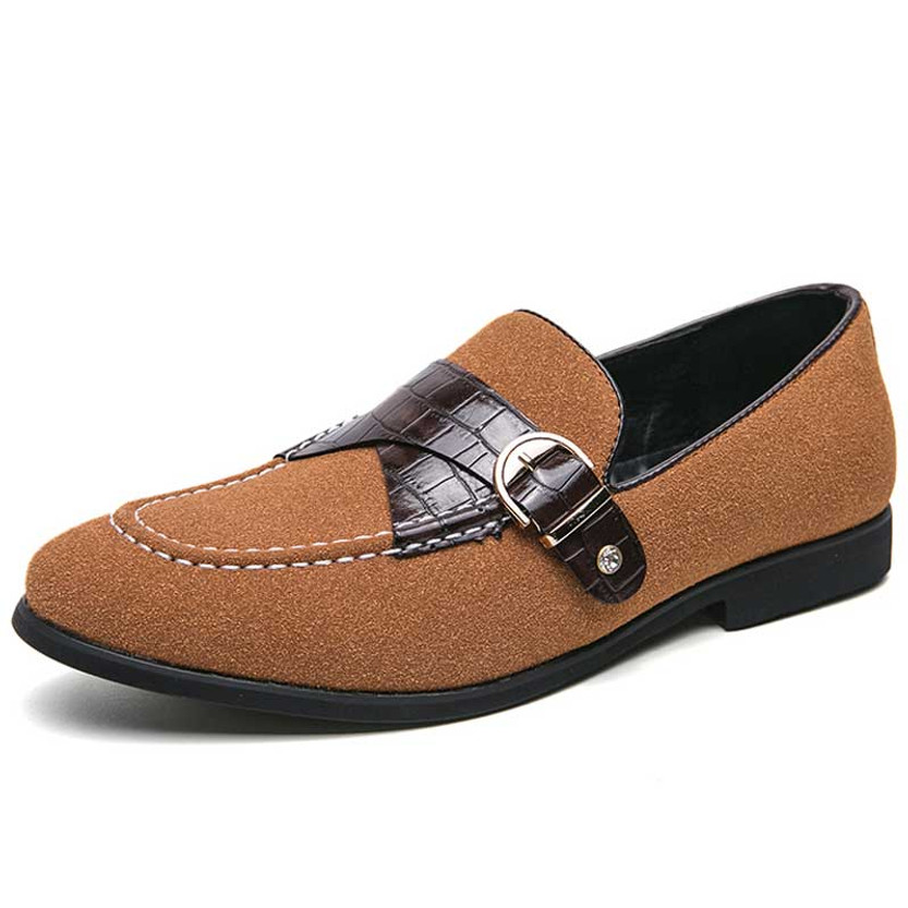 Men's brown croc skin pattern monk strap slip on dress shoe 01