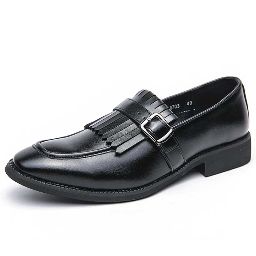 Men's black tassel buckle strap slip on dress shoe 01