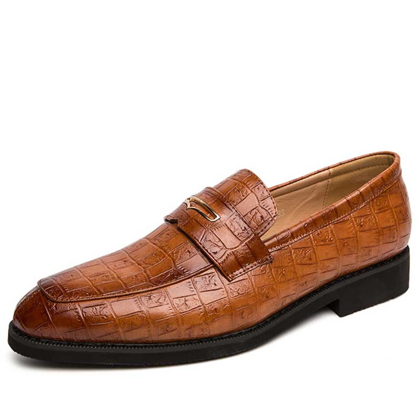 Men's brown retro croc skin pattern penny slip on dress shoe 01