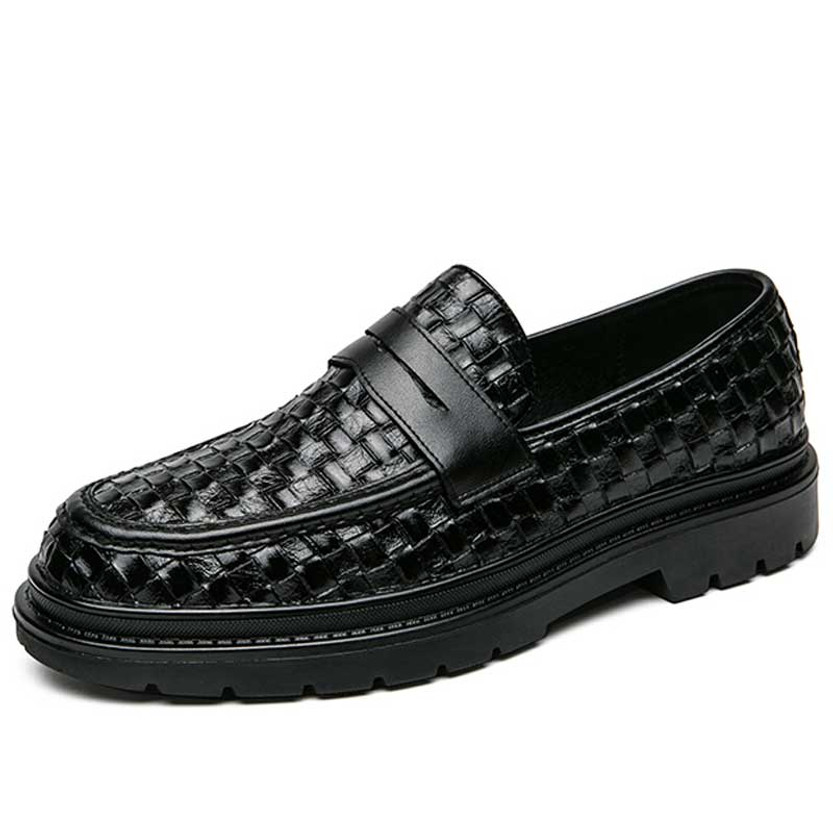 Men's black weave accents penny strap slip on dress shoe 01