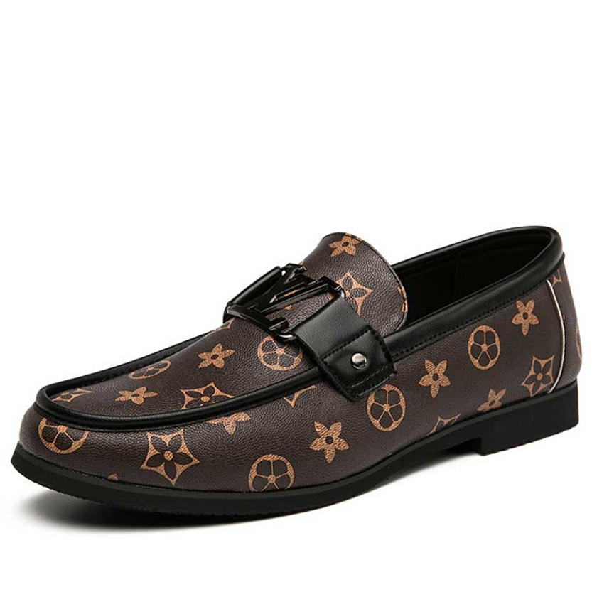 Men's brown metal buckle pattern print slip on dress shoe 01