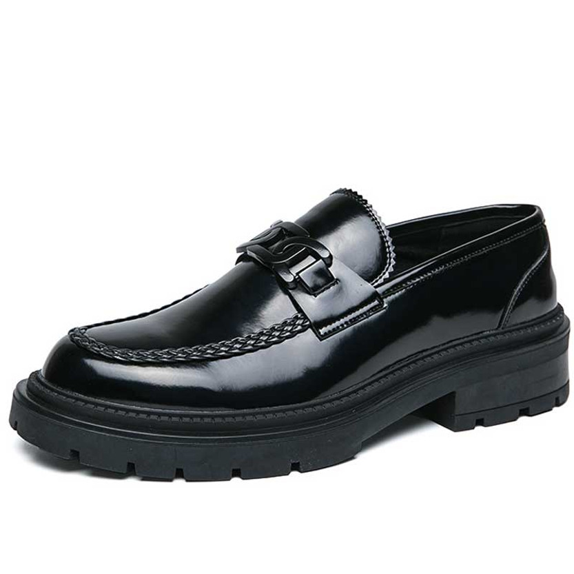 Men's black retro trim chain buckle slip on dress shoe 01