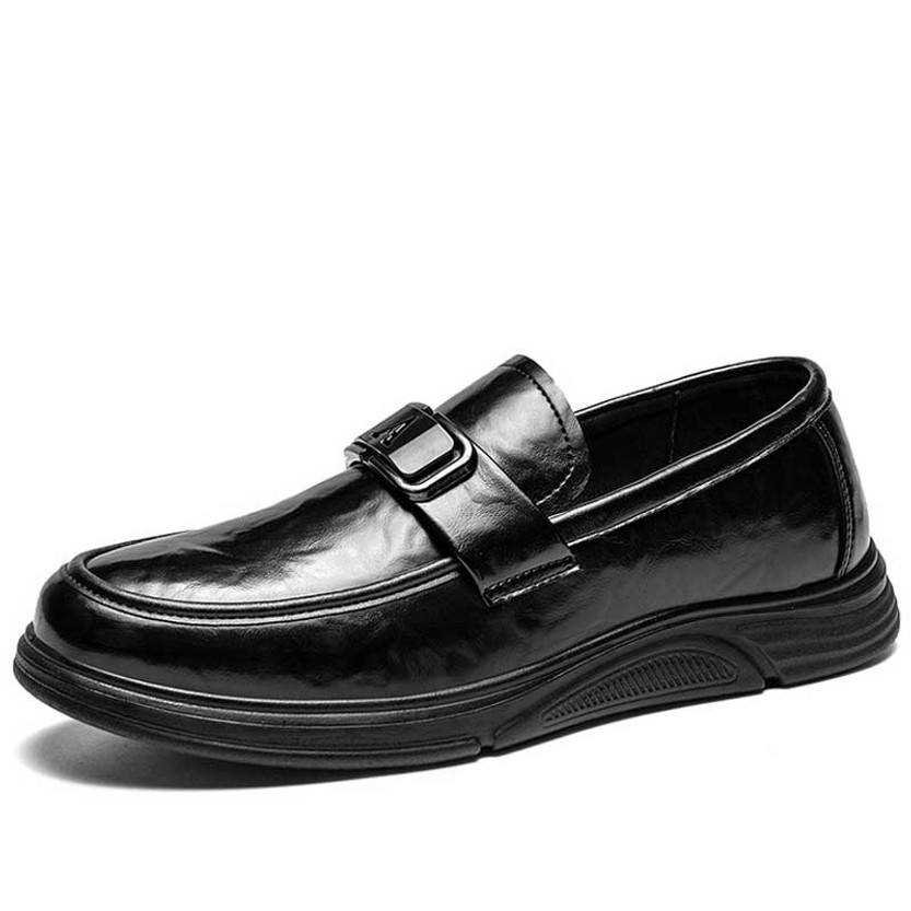 Men's black metal buckle strap slip on dress shoe 01