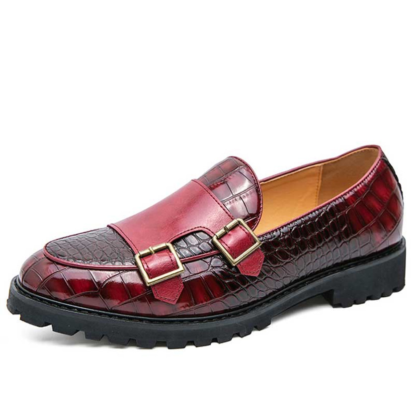 Men's red croc skin pattern monk strap slip on dress shoe 01