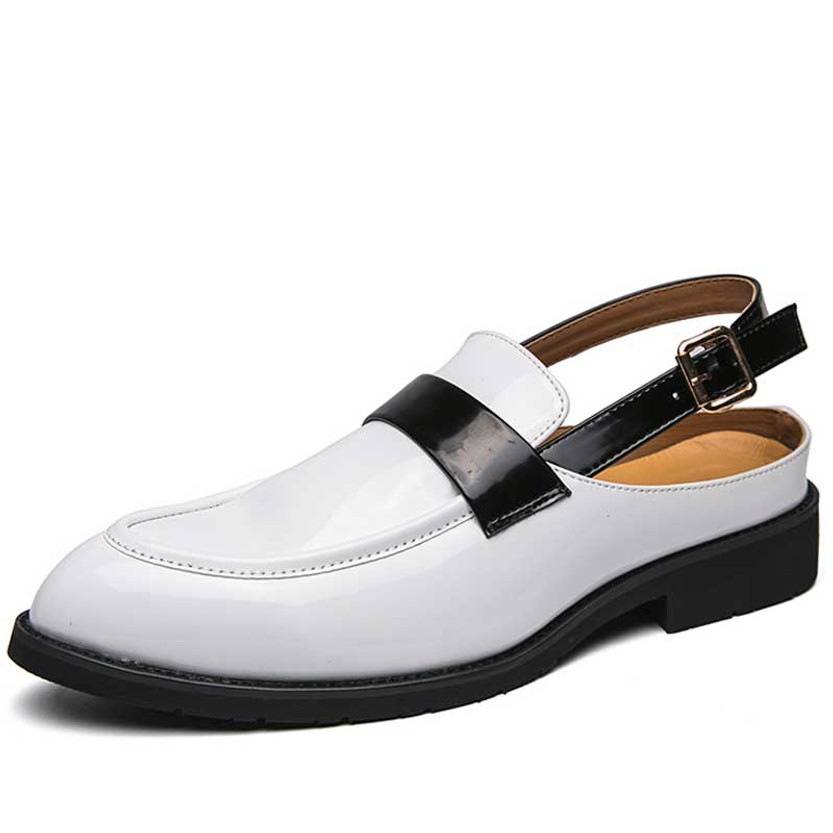 Men's white back buckle strap penny slip on shoe mule 01