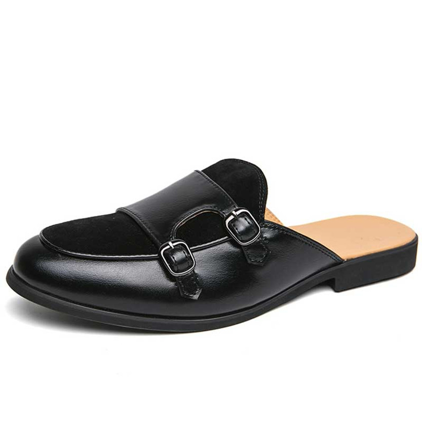 Men's black monk strap slip on shoe mule 01