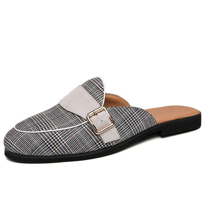 Men's grey stripe monk strap slip on shoe mule 01