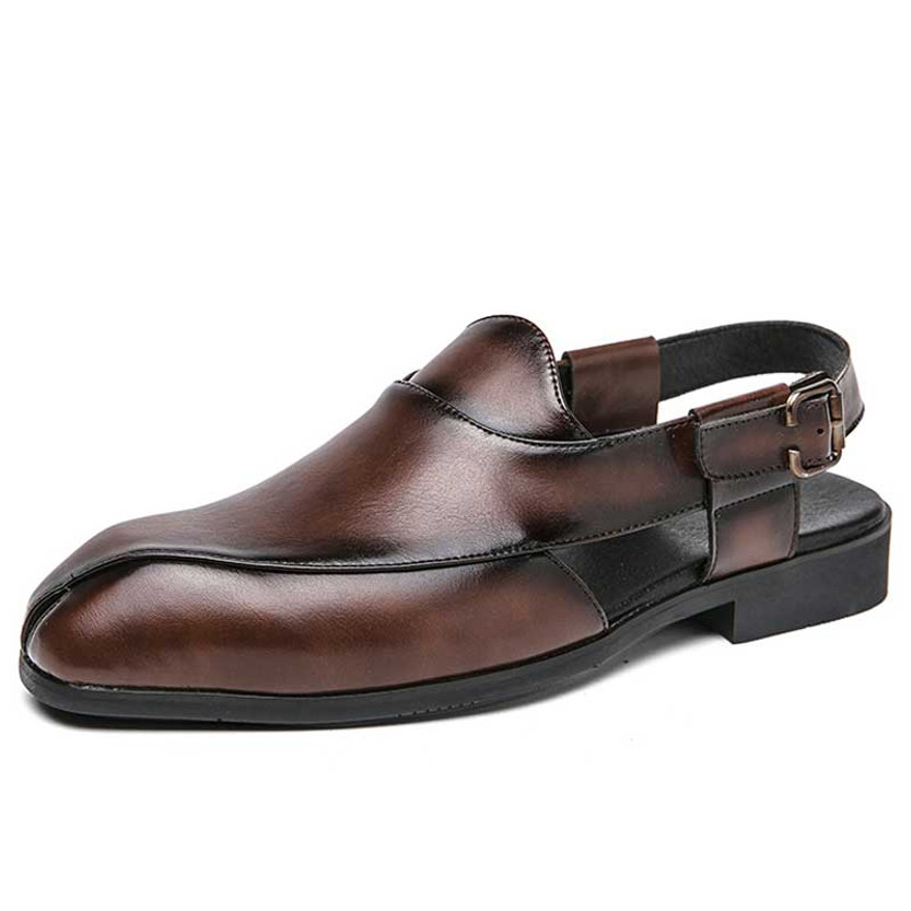 Men's brown retro back buckle strap slip on shoe mule 01