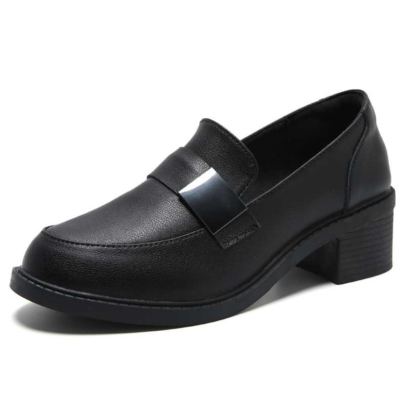 Women's black plain slip on thick heel penny strap dress shoe 01