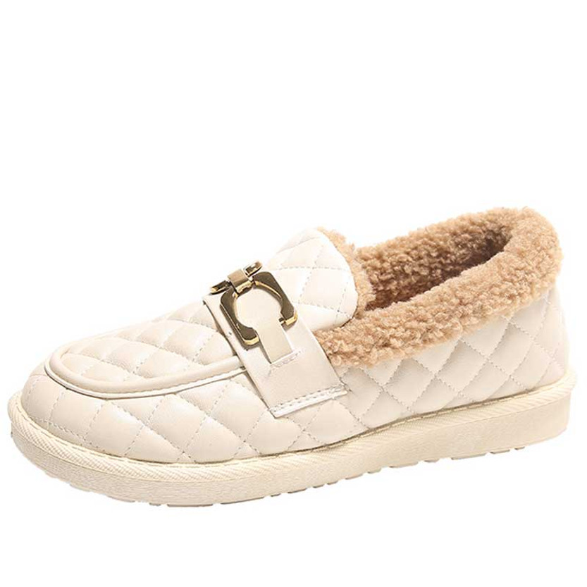 Women's beige check accents metal buckle winter slip on shoe 01