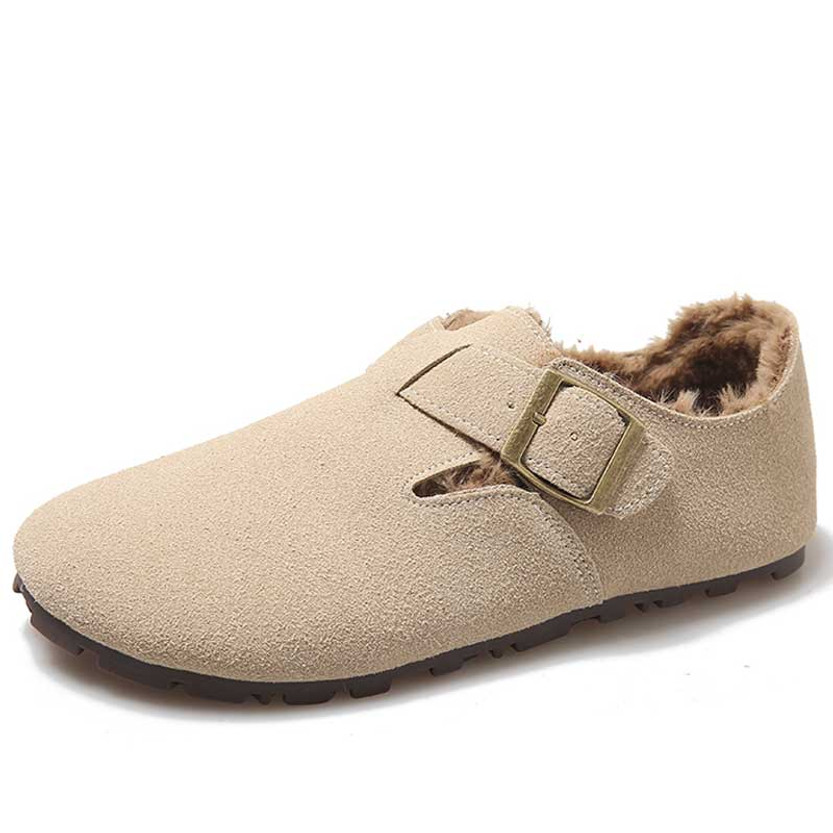Women's beige casual buckle strap winter slip on shoe 01