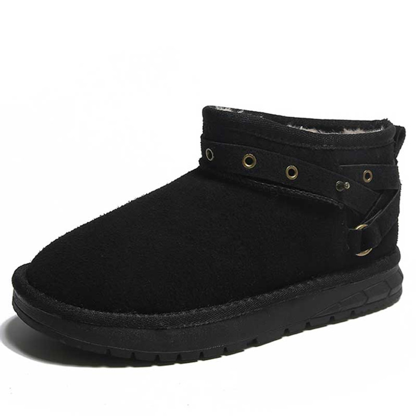 Women's black rivet strap slip on winter ankle shoe boot 01