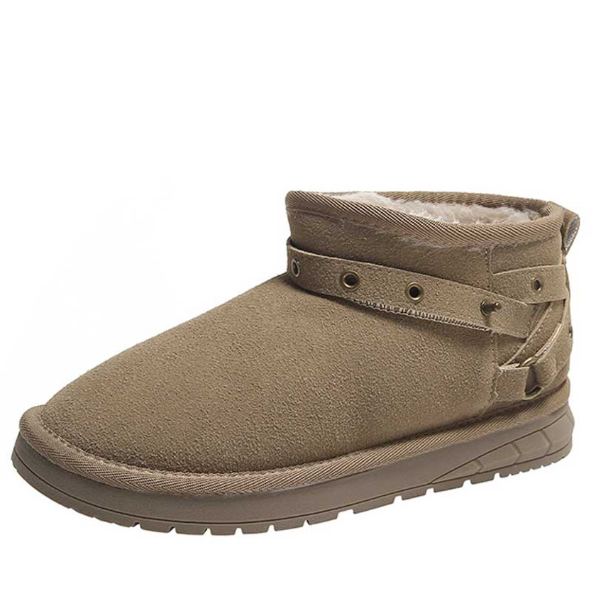 Women's khaki rivet strap slip on winter ankle shoe boot 01