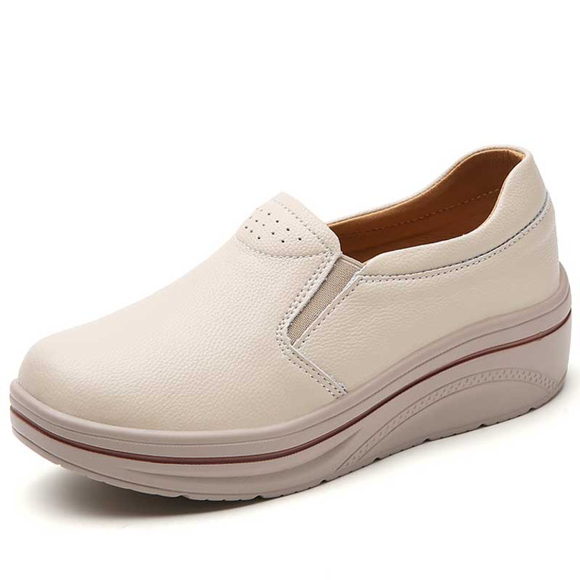 Women's beige stripe accents plain slip on rocker bottom shoe 01