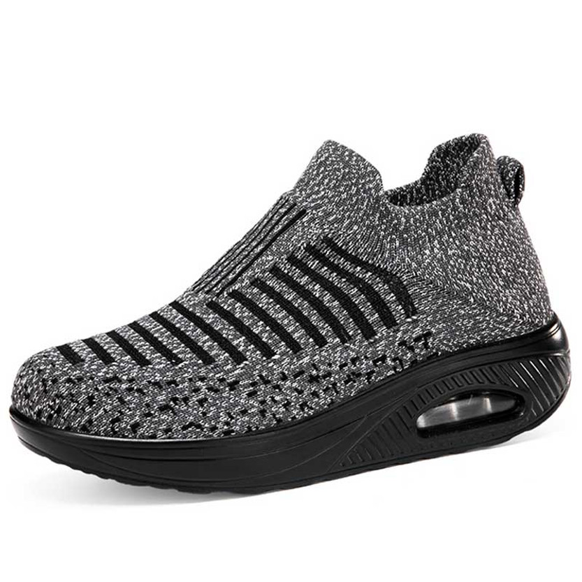 Women's grey flyknit stripe texture pattern slip on rocker bottom sneaker 01