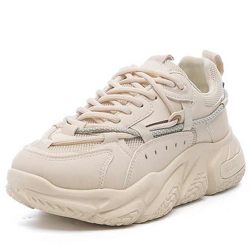 Women's beige rear lace accents thick sole shoe sneaker 01