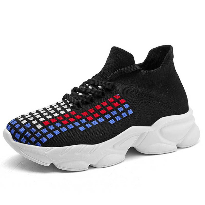 Women's black color square pattern sock like casual shoe sneaker 01