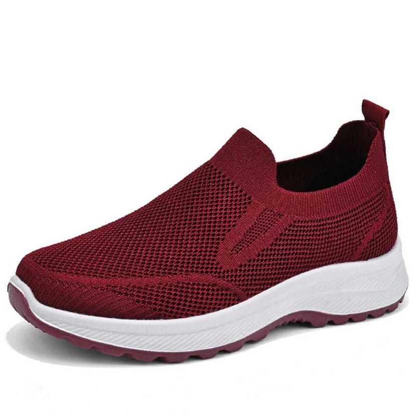 Women's red plain flyknit casual slip on shoe sneaker 01