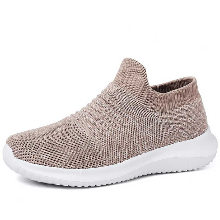 Women's khaki flyknit stripe texture sock like entry slip on shoe sneaker 01