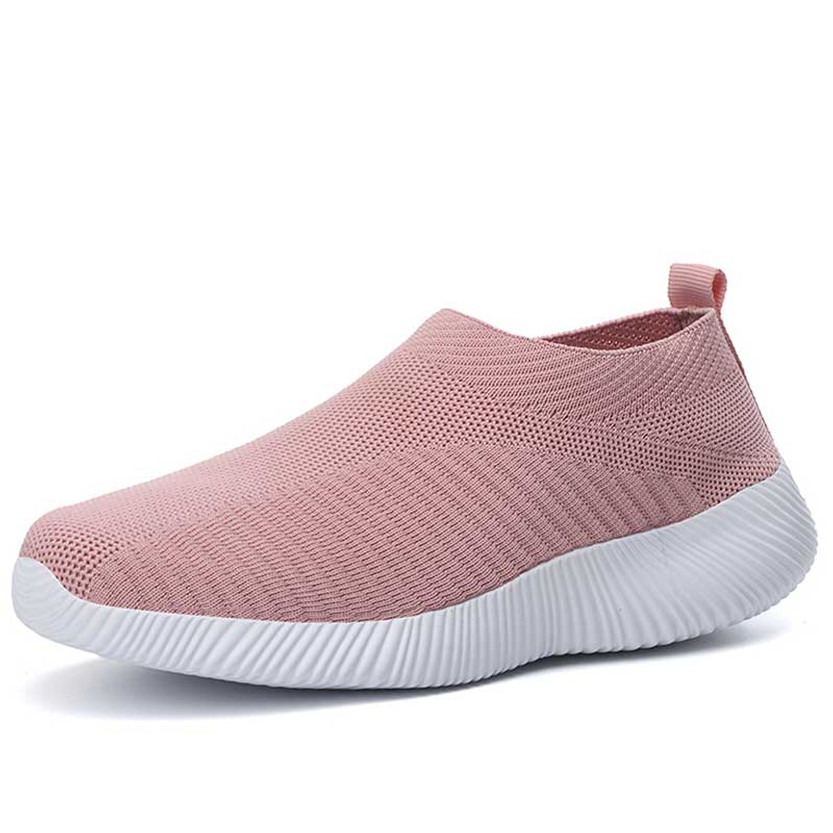 Women's pink flyknit stripe texture sock like fit slip on shoe sneaker 01