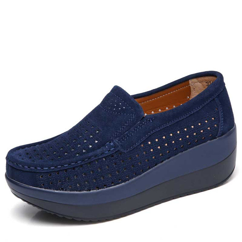 Women's navy suede hollow star slip on rocker bottom shoe sneaker 01