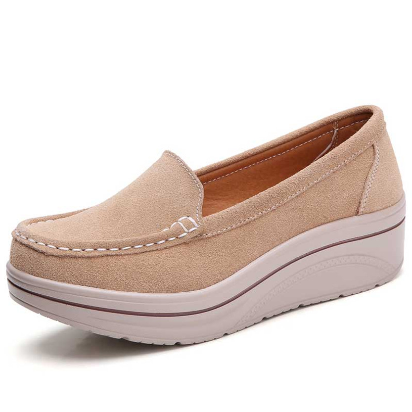 Women's beige suede stripe slip on rocker bottom shoe sneaker 01