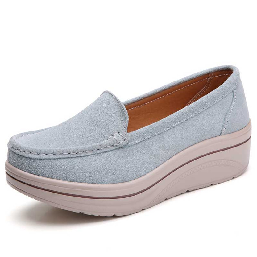 Women's grey suede stripe slip on rocker bottom shoe sneaker 01