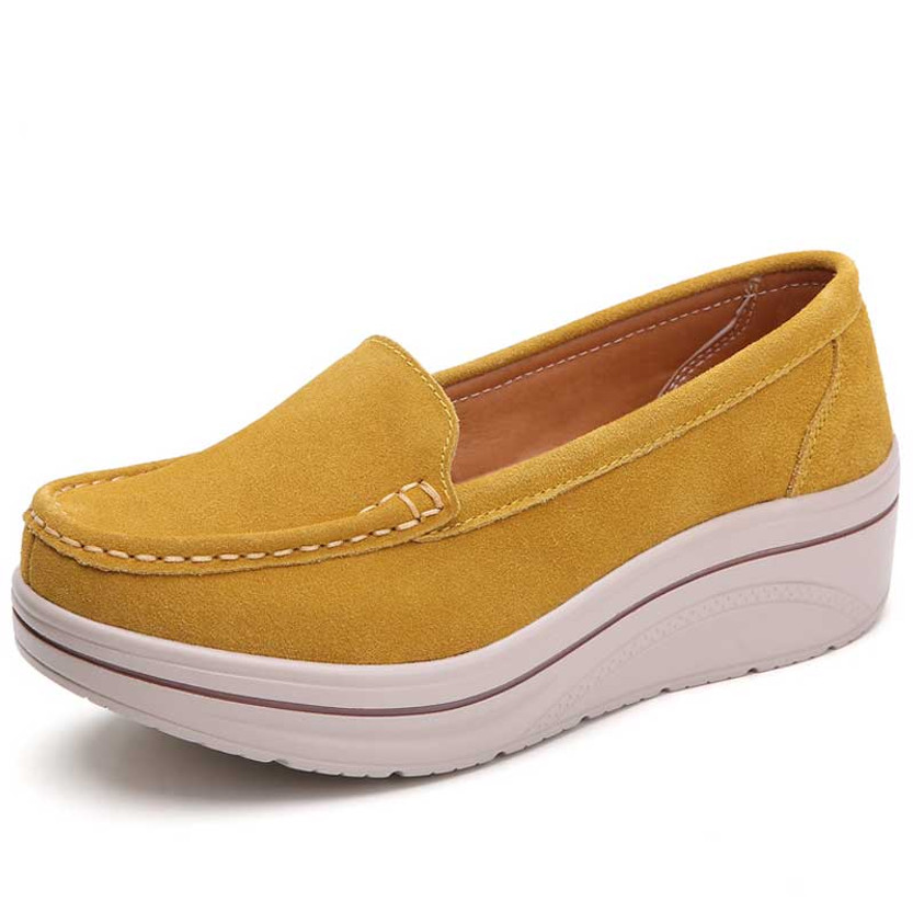 Women's yellow suede stripe slip on rocker bottom shoe sneaker 01
