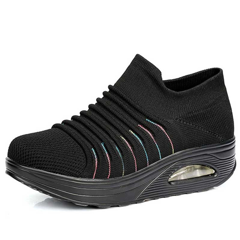 Women's black stripe sock like fit slip on rocker bottom shoe sneaker 01