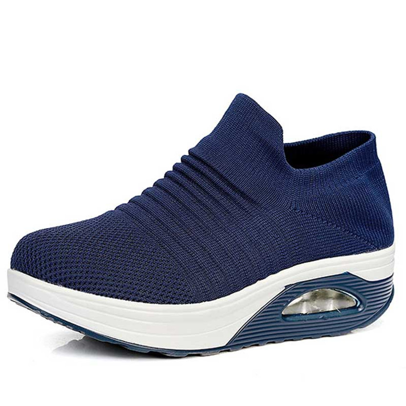 Women's blue stripe sock like fit slip on rocker bottom shoe sneaker 01