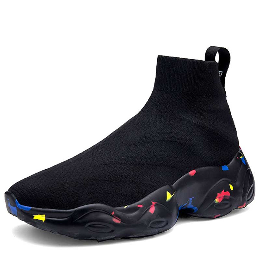 Men's black flyknit color pattern high top slip on shoe sneaker 01