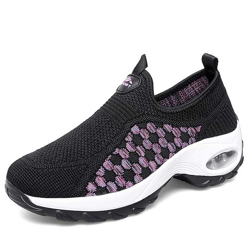 Women's black circle dot pattern slip on double rocker bottom sneaker 01