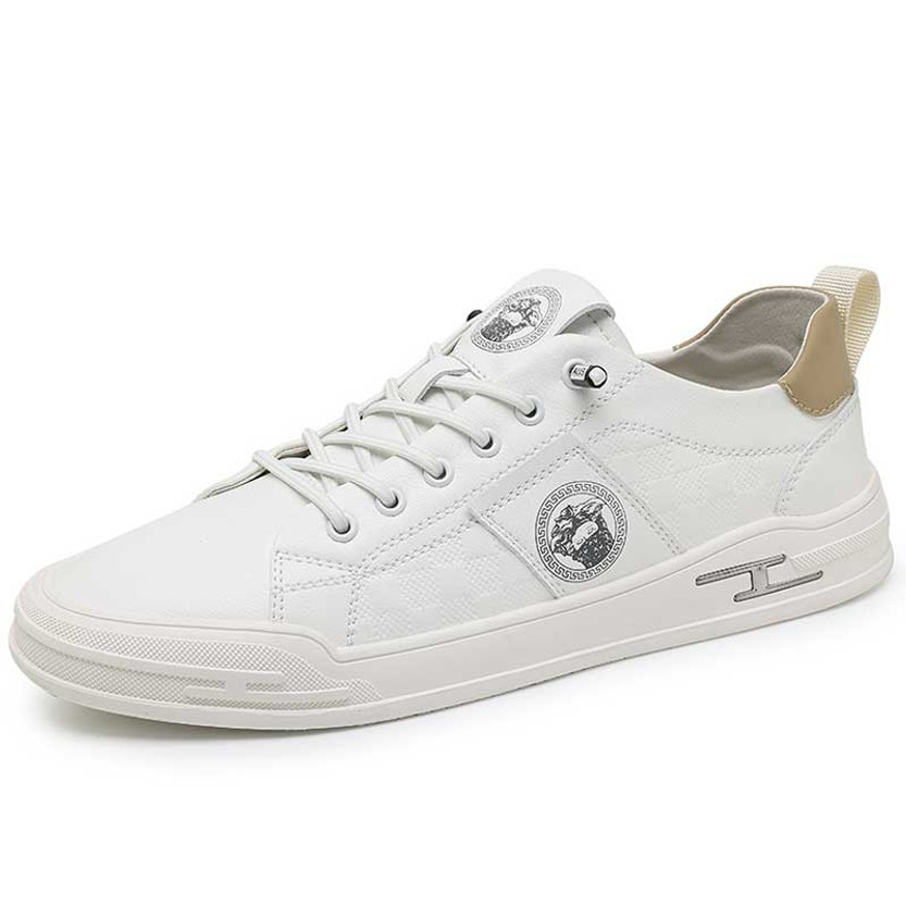 Men's beige check & logo pattern print casual shoe sneaker 01