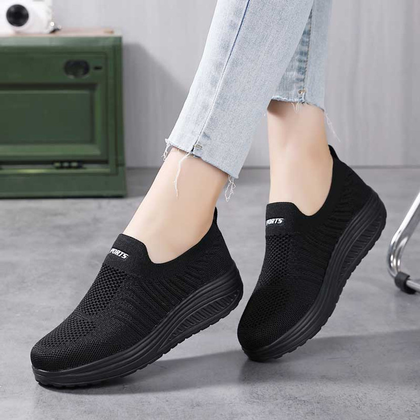 Black flyknit stripe sport print slip on rocker bottom shoe sneaker ...